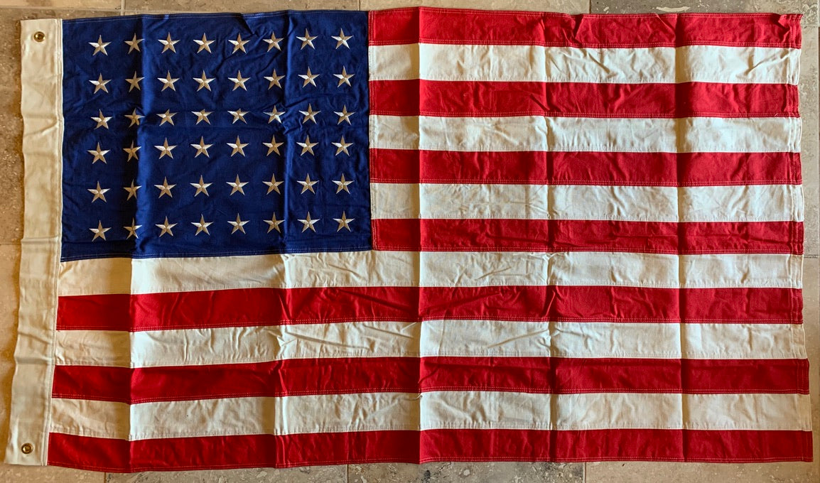 Vintage 48 Star USA American Flag 3'X5 tea stained Cotton Embroidered