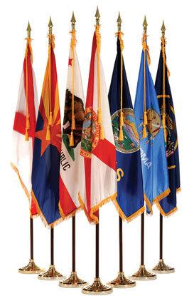 Indoor American State Flag Sets: 8' Oak Pole, Brass Eagle, Gold Tassel Rope, Gold Fringe USA flag, Base