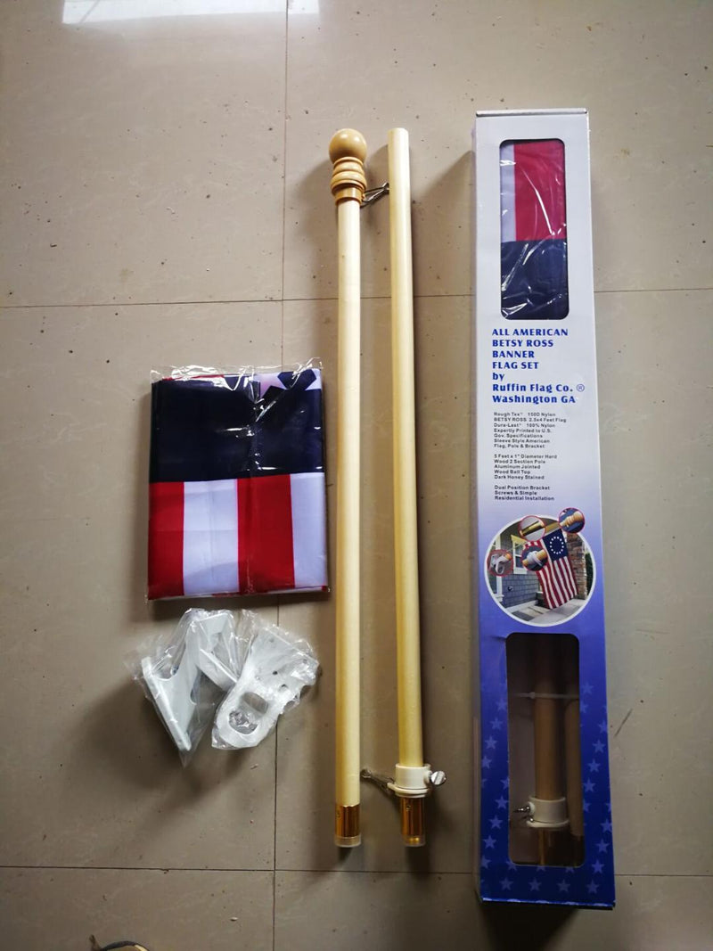 Five feet 2 Piece Wooden Flag Pole 1"x5' Bracket & Flag Options (American, Betsy Ross, Gadsden, Texas)