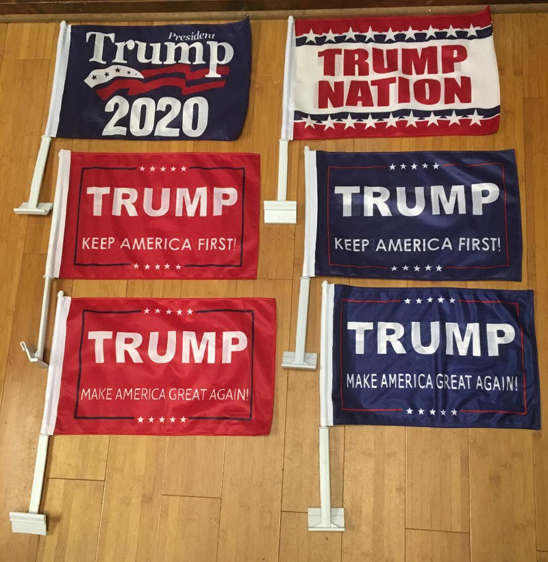 TRUMP CAR FLAGS:  TRUMP 2020, TRUMP NATION, TRUMP KEEP AMERICA FIRST (NAVY & RED) DOUBLE SIDED ROUGH KNIT ®