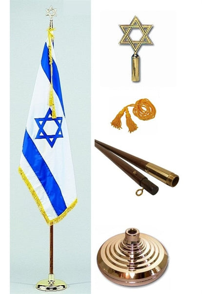 Israeli Flag Gold Fringe Star of David Jewish Flagpole Indoor Kit Brass Topper Custom Made Allow 8 Weeks Production