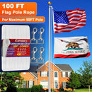 Flagpole Rope 100% Nylon Diamond Braided 100 Feet Rolls For Halyard Ropes for 20 to 50 Feet Flagpoles With 4 Snap Flag Clips