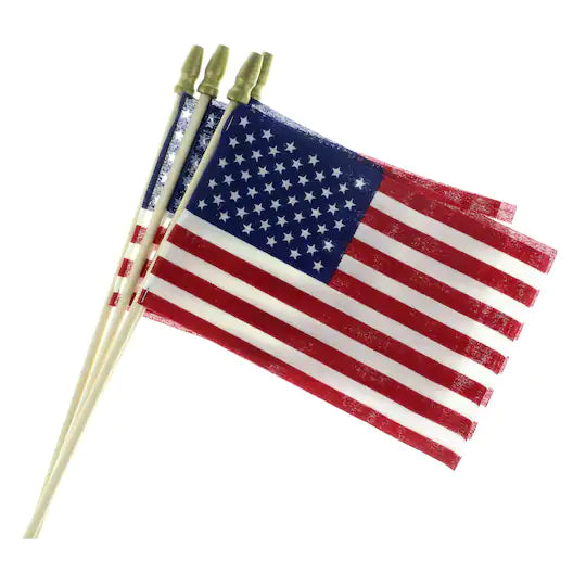 Four Packs 4"×6" American Stick Flags USA 10 inch wooden staff gold spears