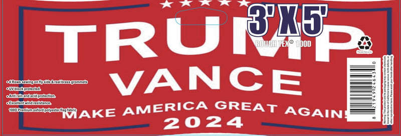 Trump Vance Make America Great Again 2024 Red 3x5 Flags 100D Rough Tex