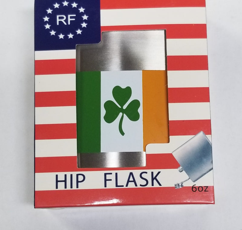 Irish Shamrock Ireland Flag Flask Stainless Steel Six Ounce Color Gift Boxed