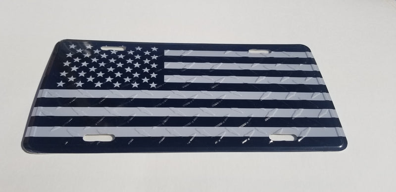 Diamond Plated American Black Silver USA flag Embossed License Plate Auto Tag