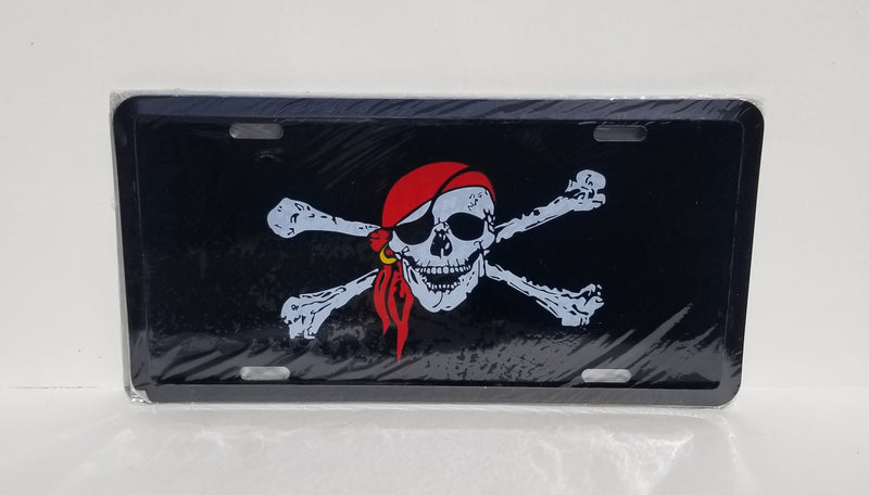 Pirate Jolly Roger Red Bandana Embossed License Plate Nightfall Black Skull Bones