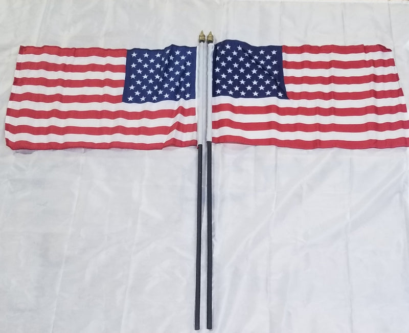 American Flags 12"x18" Premium Classroom Cemetery Parade Quality USA Black Wooden Staff Gold Wood Spears Sewn Edges Inches U.S.A. Flag Shipping Now