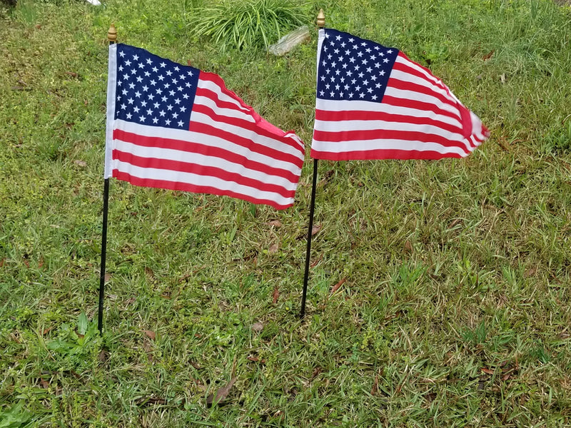 American Flags 12"x18" Premium Classroom Cemetery Parade Quality USA Black Wooden Staff Gold Wood Spears Sewn Edges Inches U.S.A. Flag Shipping Now