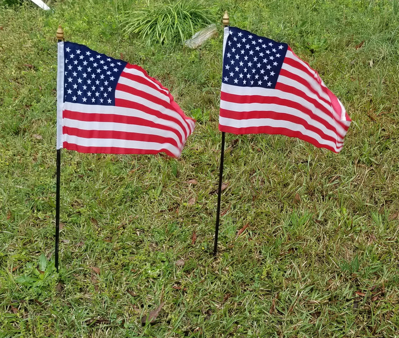 American Flags 12"x18" Premium Classroom Cemetery Parade Quality USA Black Wooden Staff Gold Wood Spears Sewn Edges Inches U.S.A. Flag Shipping Now