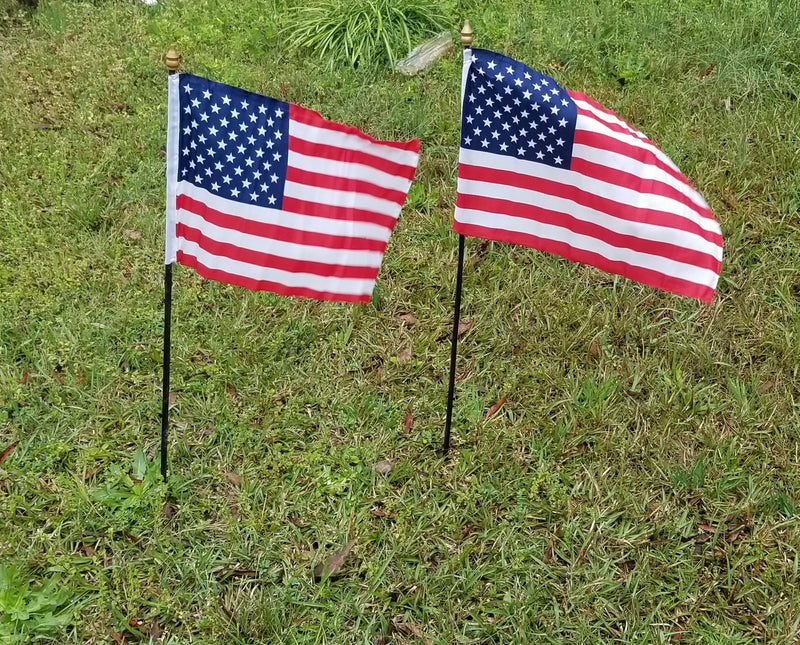 American Flags 12"x18" Premium Classroom Cemetery Parade Quality USA Black Wooden Staff Gold Wood Spears Sewn Edges Inches U.S.A. Flag Shipping Now