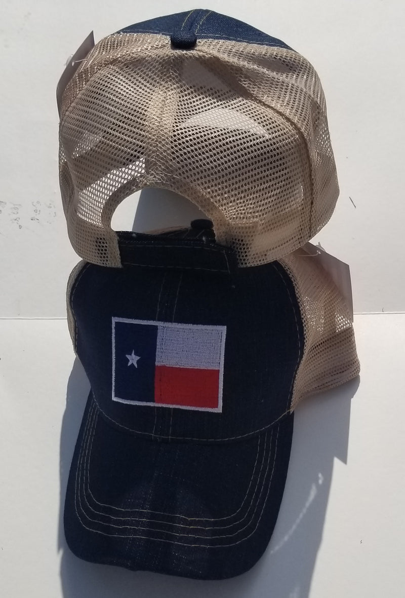 Texas Flag Blue Denim Embroidered Cap Mesh Back