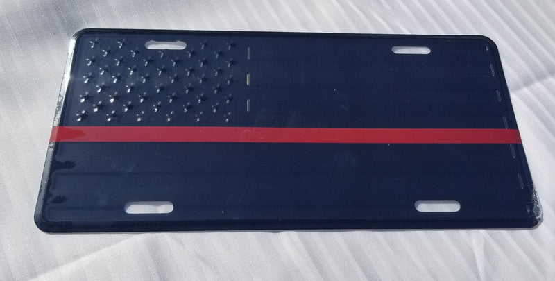 US Fire Red Line Memorial Aluminum Embossed License Plate Blackout Version