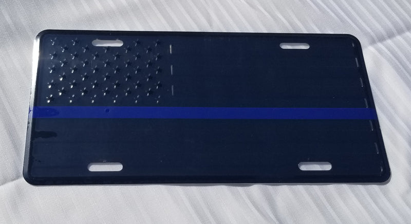 US Police American Blue Line Memorial Aluminum Embossed License Plate Blackout Version