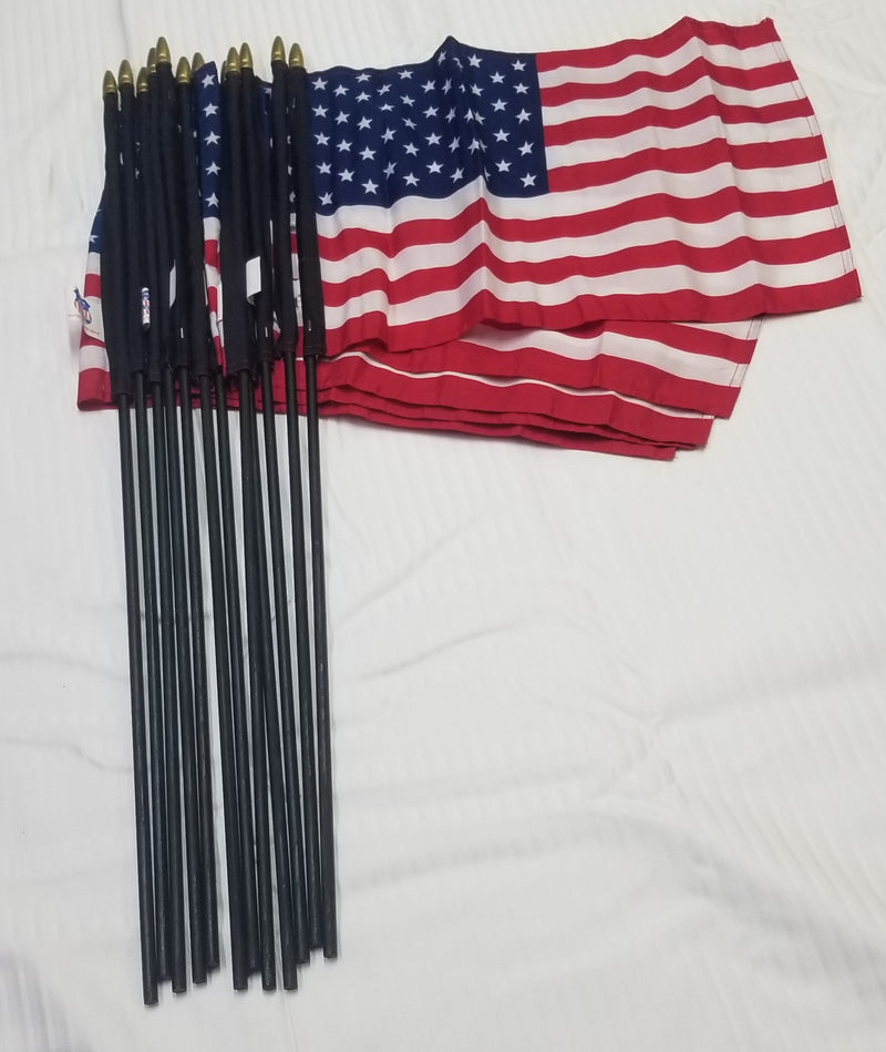 American Flags 100D Rough Tex Gold Wood Spears 12"x18" Black Label Wooden Staffs 30" Best Quality Stick Flag for USA Cemetery Use 288 Flags (Case)