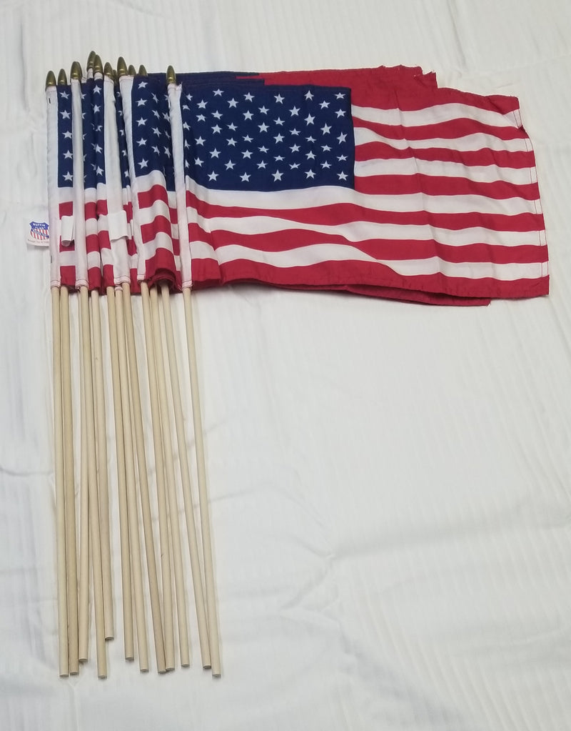 American Flags 100D Rough Tex 12"x18" White Label Wooden Staffs 30" Gold Wooden Spears Best Quality Stick Flag for USA Cemetery Use 288 Flags (Case)