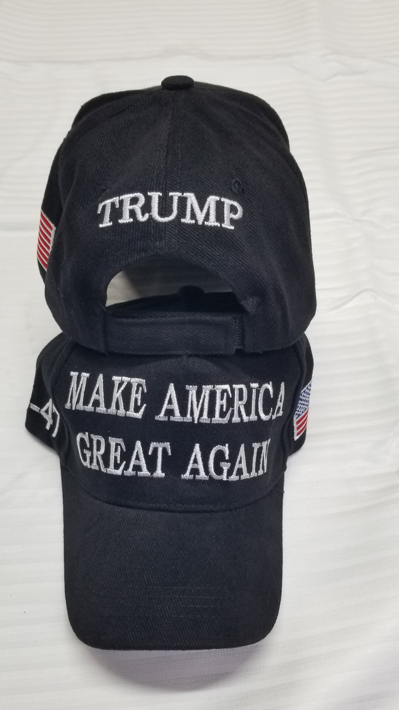 Trump Make America Great Again 45 47 USA Flag Caps 100% Cotton Black & White