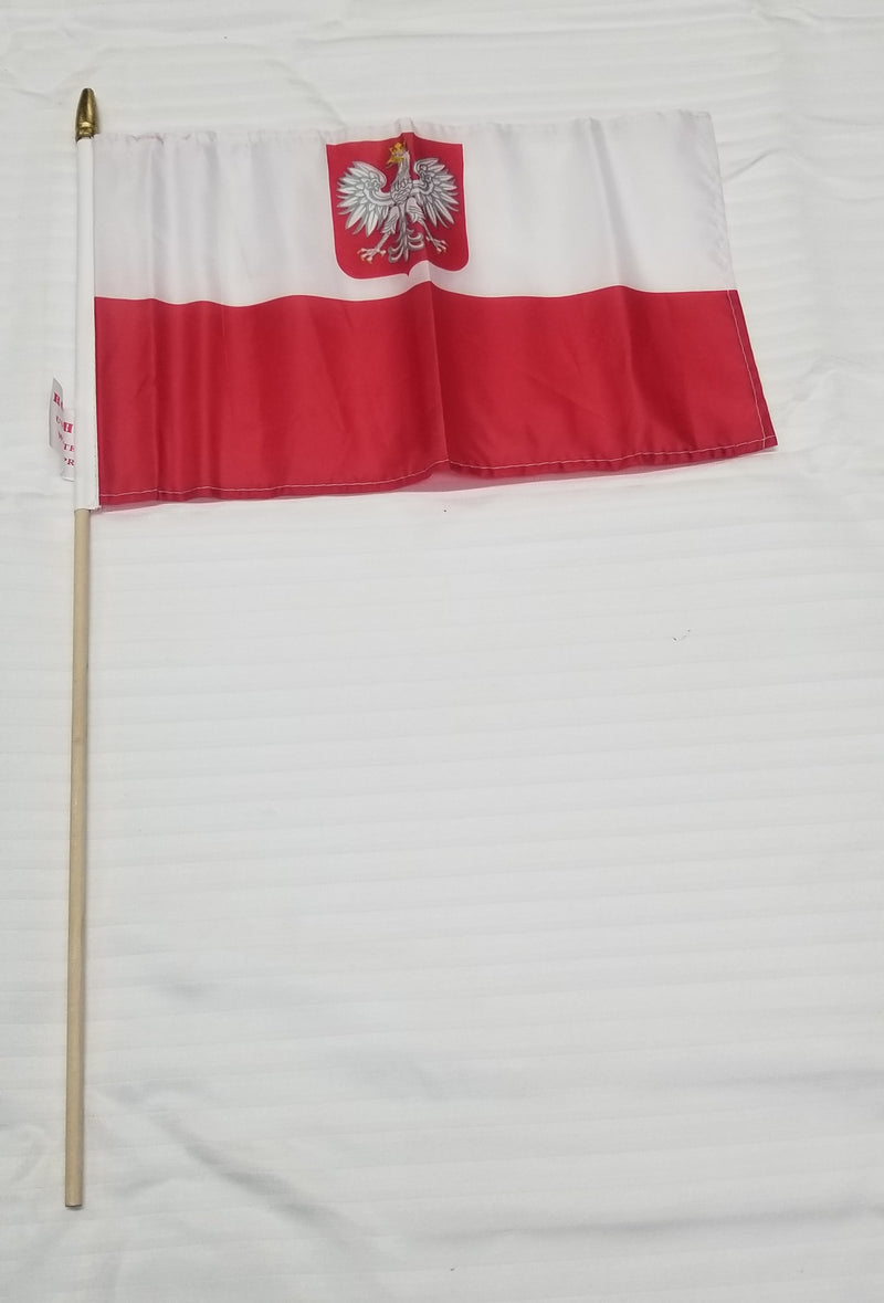 Poland With Eagle 8"x12" Stick Flag Rough Tex® with 24" Wooden Staff