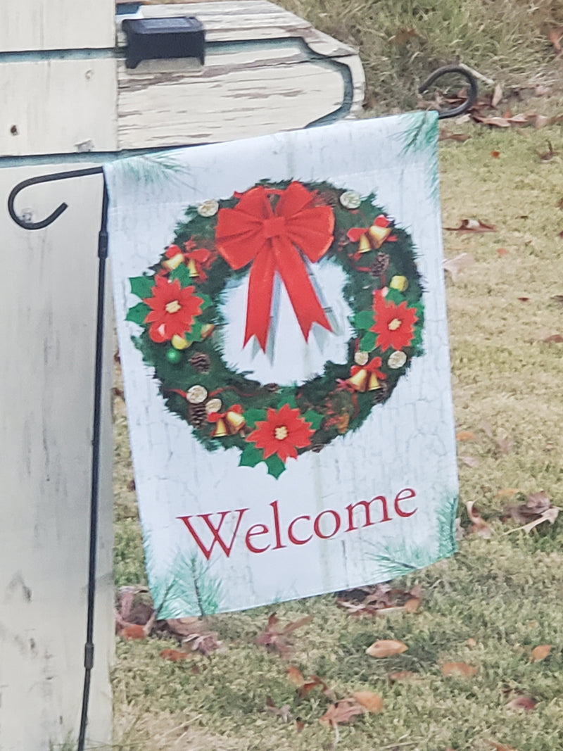 Welcome Christmas Evergreen Red Bow Poinseta Wreath Garden Flags 12x18 Inches