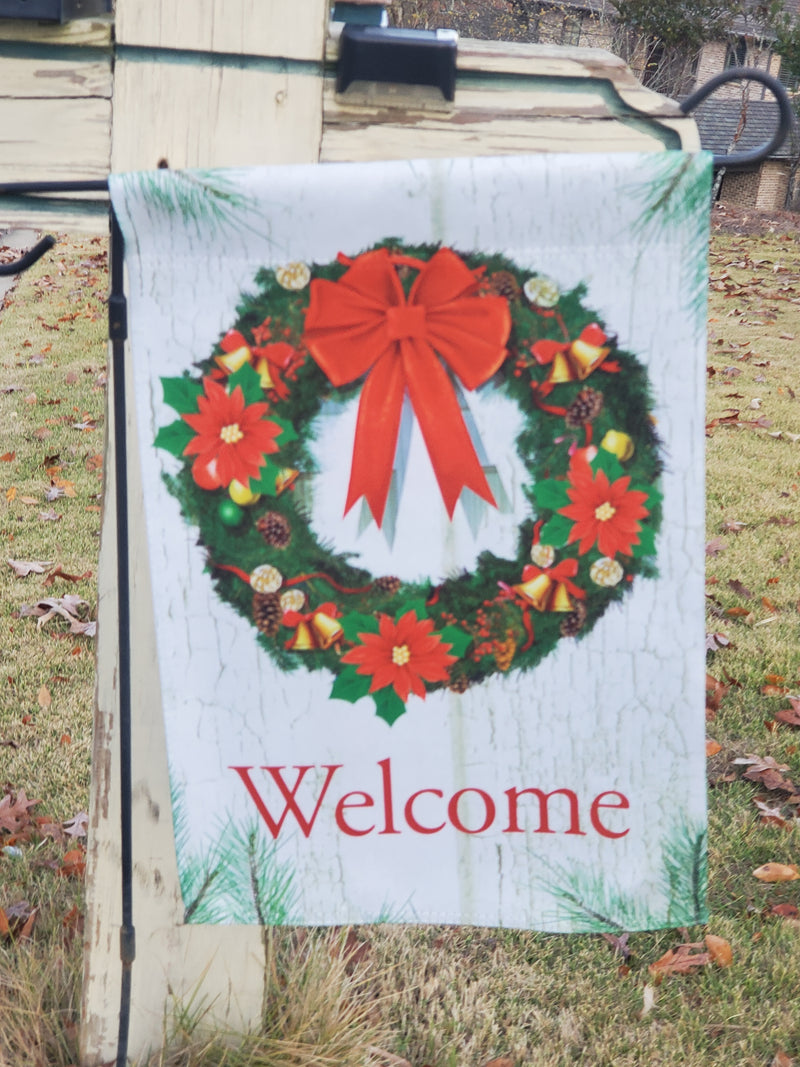 Christmas Wreath Welcome Garden Flag 12x18 Inches