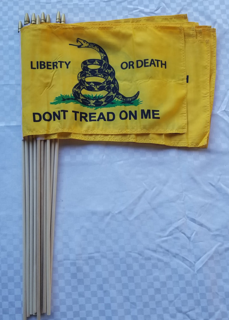 Gadsden Dont Tread on Me Liberty or Death 1775 1776 1777 Colonial American 12x18 Inch Early USA Stick 30" Wooden Staffs Cemetery American 250th Anniversary Flags