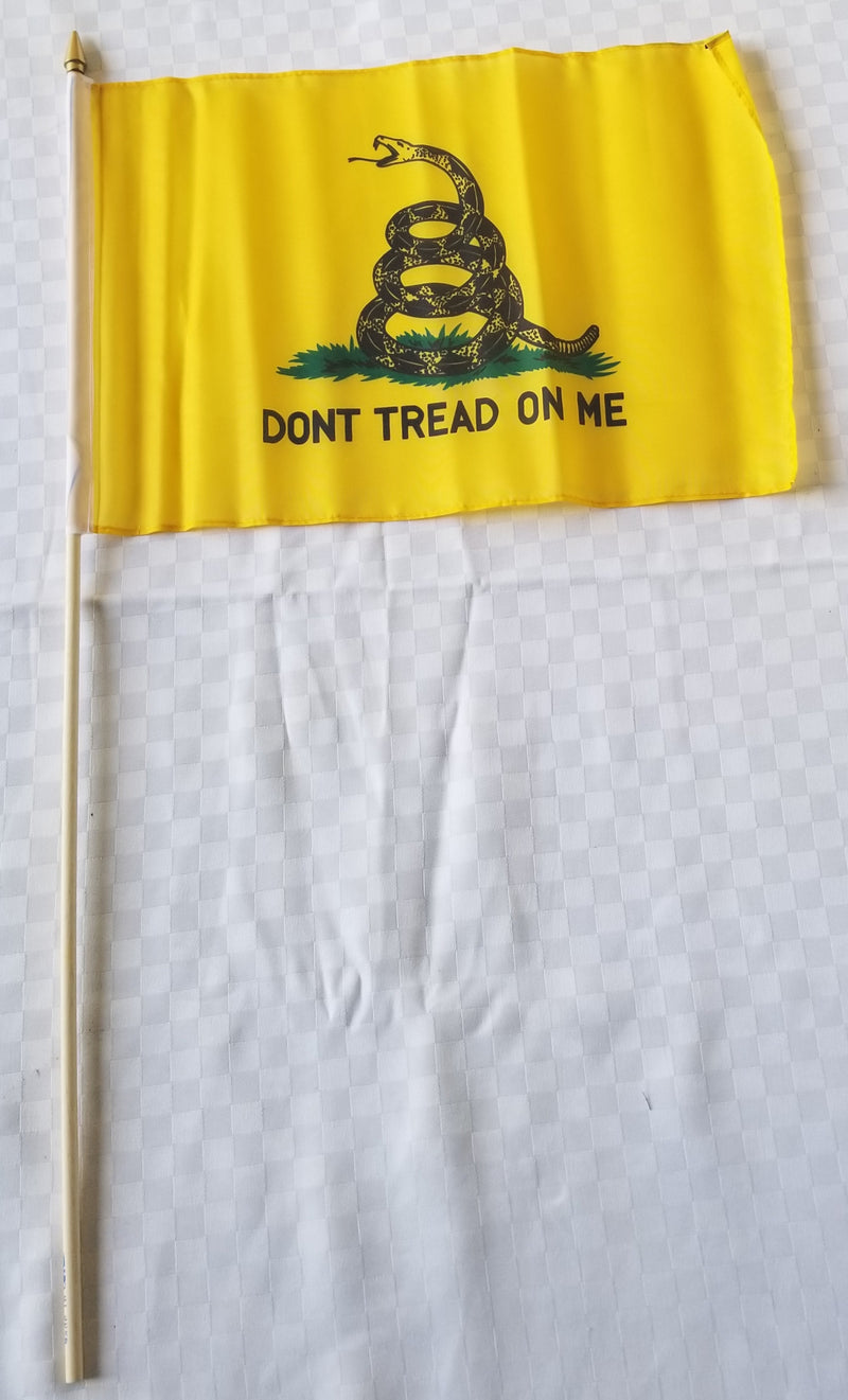 Gadsden Don't Tread on Me 1775 1776 1777 Colonial American Rattle Snake 12x18 Inch Early USA Stick 30" Wooden Staffs Cemetery American 250th Anniversary Flags