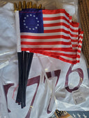 Betsy Ross Stick Flags 4"x6" Sewn Edge Black 100% Wooden 10" Staffs Gold Spears