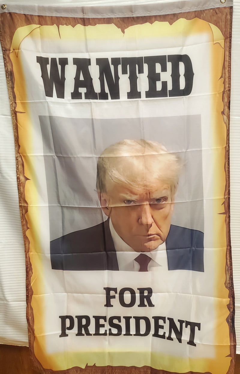 Trump Mugshot Wanted For President 3'X5' Flag 68D with Sleeves & Grommets with no Header Card