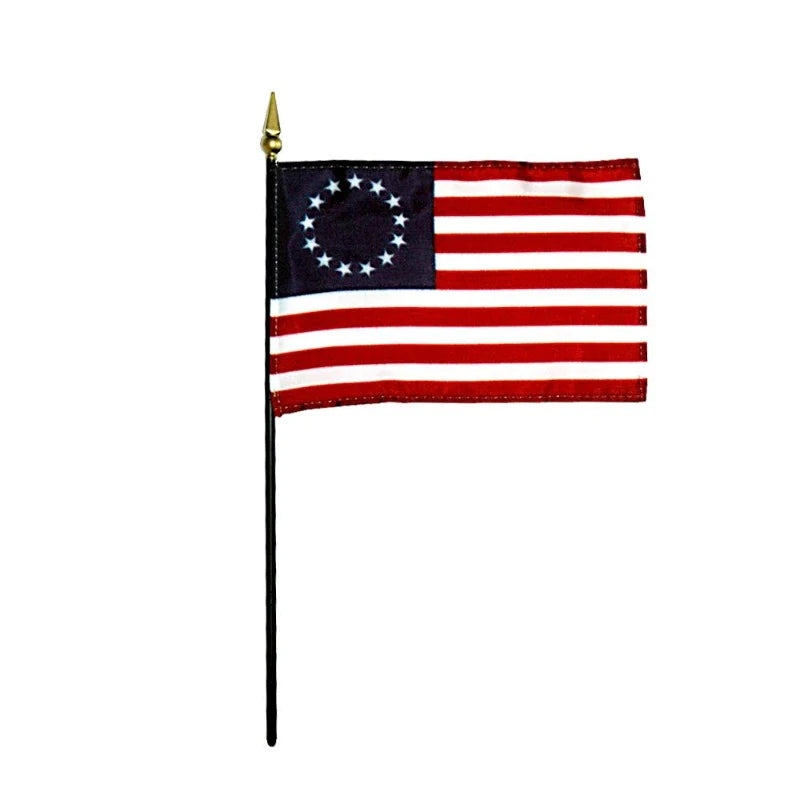 Betsy Ross 8"x12" Endura Gloss Made in USA American Original Flag (12 Pack) mounted on a black staff