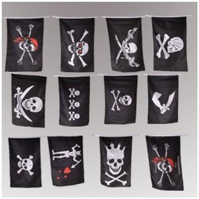 Pirate Bunting 12"x18" Jolly Roger 20+ Feet long mixed designs 12 flags sewn on a 20+ foot header string