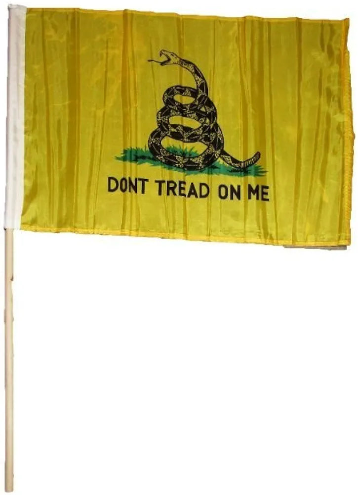 Gadsden 2x3 feet stick flags mounted on wooden flag poles 48 inches Don't Tread on Me