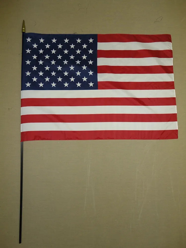 Twelve Pack of USA Classroom American Flags 24"×36" mounted on 48" Staffs & Steel Brackets