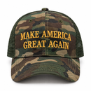 Make America Great Again Camo Trucker Hat – Gold Embroidered Front