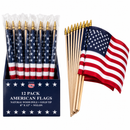 USA Stick Flag | 8"x12" | Nylon | 144-Pack | Natural Wood Pole | Gold Tip | Display Box