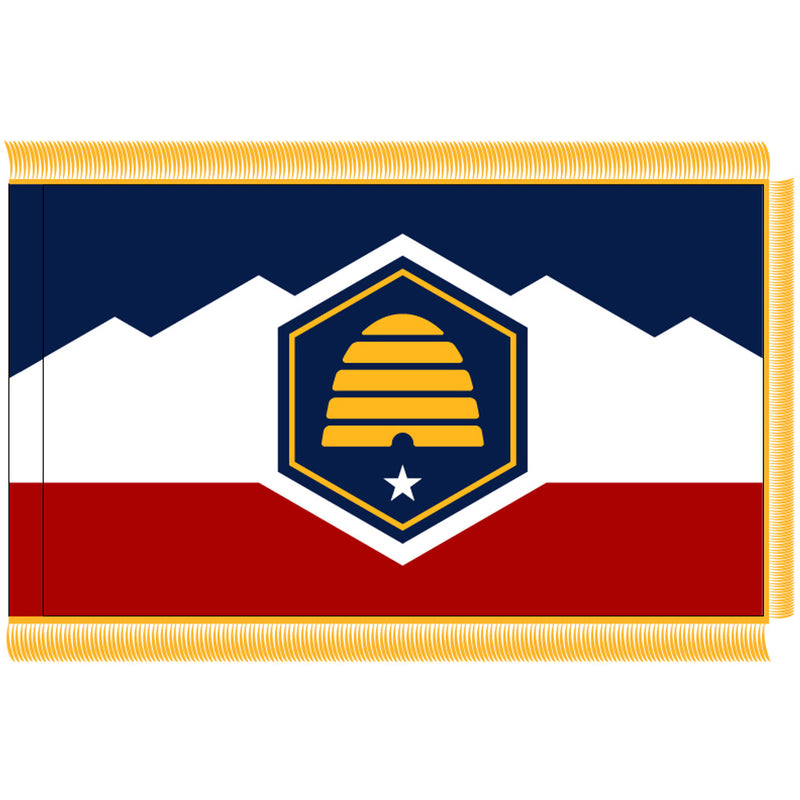 Utah 3'x5' 600D 2Ply Embroidered Indoor Gold Fringed 2023 New State Flag Sleeved