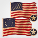 USA & Betsy Ross 1776 Vintage Tea Stained Cotton Flag Set | Embroidered Stars | All-Sewn Stripes | 3x5 Collector's Pair