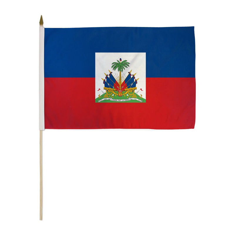 Haiti Flags 12"x18" Inches Wooden Stick Flags Gold Spears Sewn Edges Haitian Banner