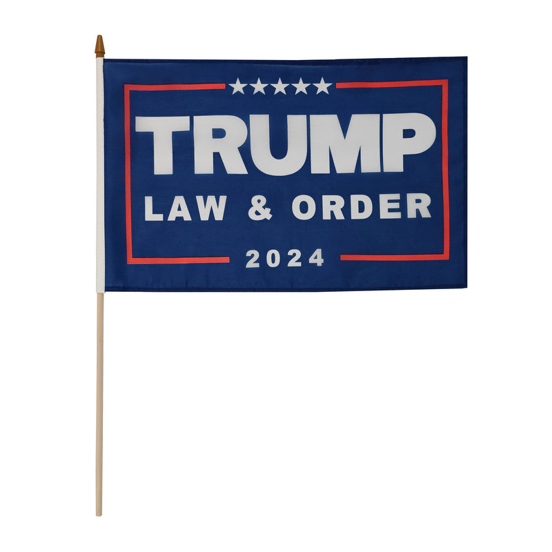 Trump Law & Order 2024 12x18 Inches Wood Staff Flag Rough Tex® USA AMERICAN Stick Flags