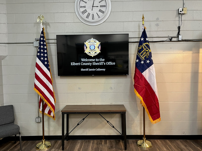 Georgia & USA American Indoor Flag Sets All Inclusive Gold Eagle Spear 8 Feet Oak Poles Bases Tassle Rope