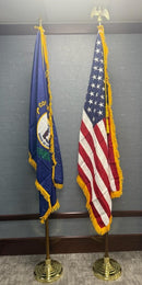 Kentucky & American Indoor USA Flagpole Sets Brass Spear Eagle 8 Foot Oak Poles Bases Gold Fringe Tassle Ropes