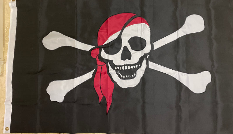 All Sewn & Embroidered Pirate Flag 3x5 Feet Jolly Roger Red Bandana Skull & Bones Flags