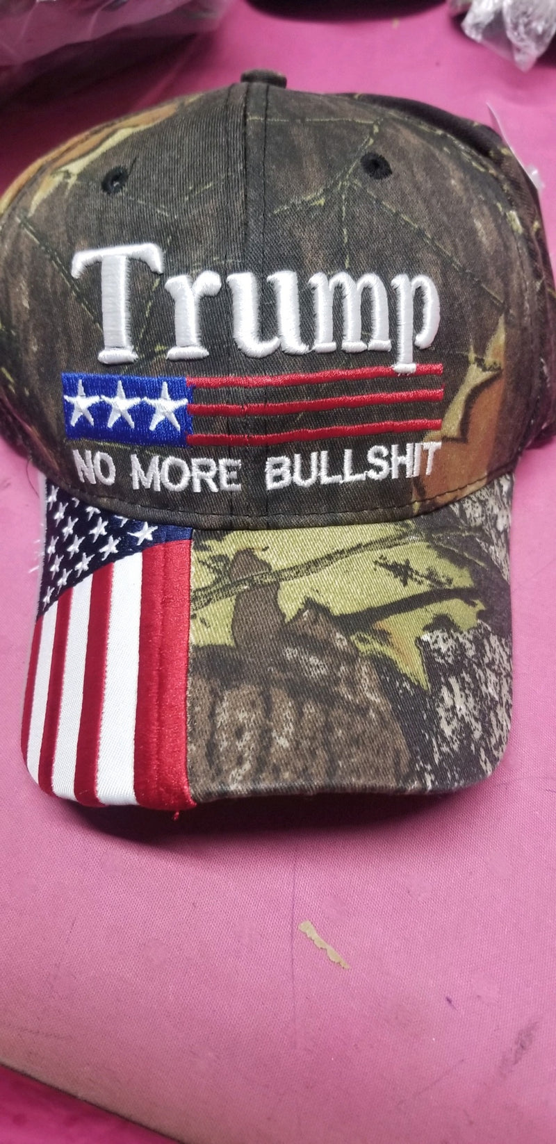 Trump No More Bullshit USA Bar Woodland Camo Embroidered Cap