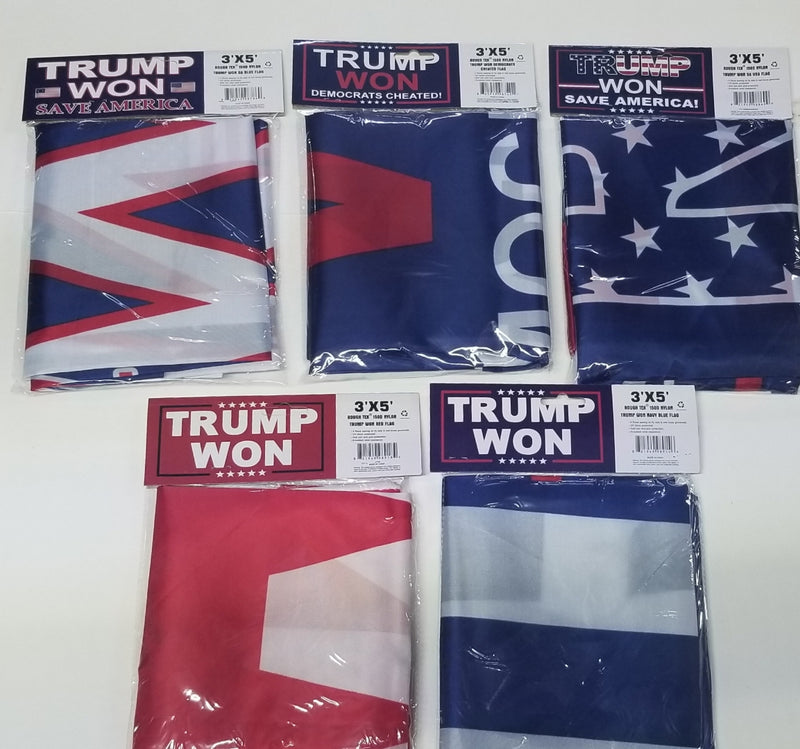 Trump Won Mixed Assorted 150D Nylon Flags 3'x5' Foot 10 Each 5 Designs (50 Flags) 2024 MAGA Nation Save America