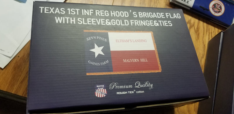 3'X5' SLEEVED GOLD FRINGED 1ST TEXAS INFANTRY REGIMENT HOOD'S BRIGADE COTTON EMBROIDERED & SEWN 1ST TEXAN FLAG SEVEN PINES GAINES FARM