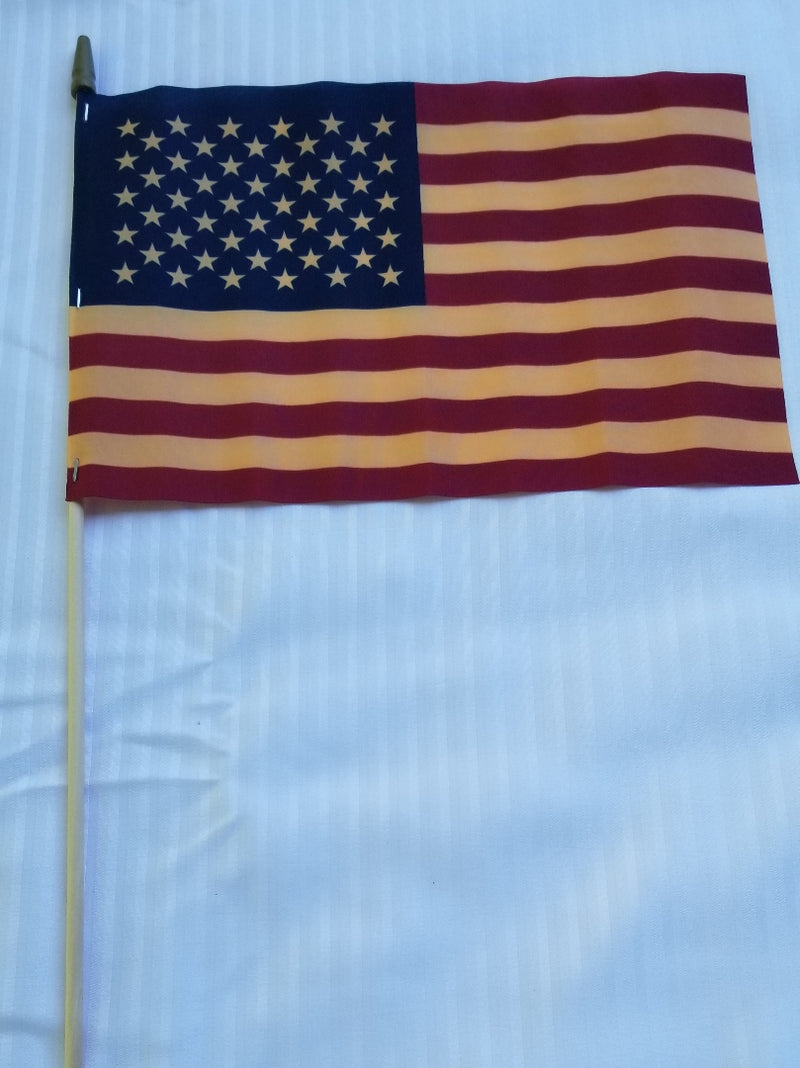 Old Glory American Stick Flags 12"x18" Inches USA 100D Rough Tex Vintage Tea Stained Flags Hand Cut & Three Stapled Secure Real Molded Gold Spears