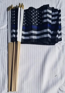 US Police Memorial Blue Line 8"x12" Stick Flag Rough Tex 18" Long Wooden Pole