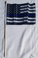 US Police Memorial Blue Line 8"x12" Stick Flag Rough Tex 18" Long Wooden Pole