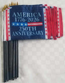 American 250th 1776 2026 Limited Edition Stick Flags 4"x6" Inches Black Wooden Staff Sewn Edges Quality Collectible 250 Anniversary USA