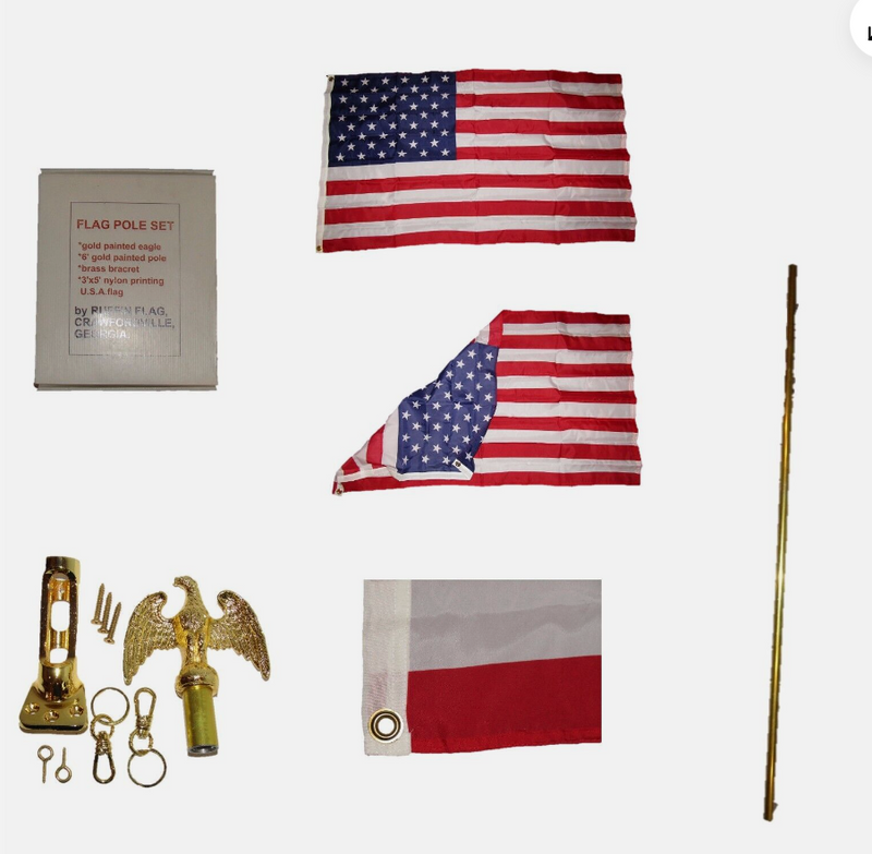 American Premium Gold Brass USA 100% Nylon Flag 3x5 Flagpole Kits 6' Gold Metal Pole Gift Boxed Components