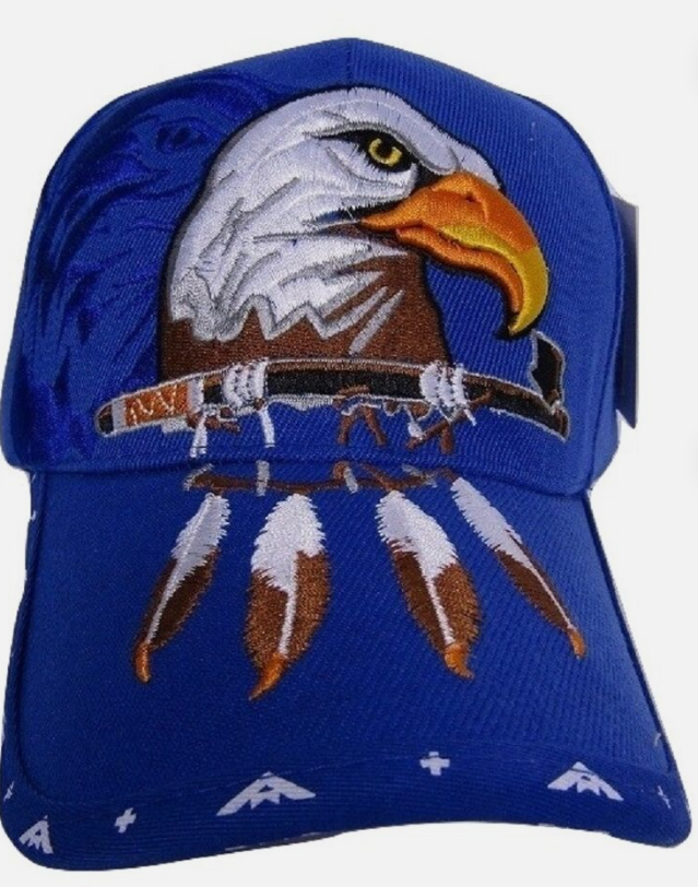 Native Pride American Eagle peace pipe feathers Shadow Blue Embroidered Cap